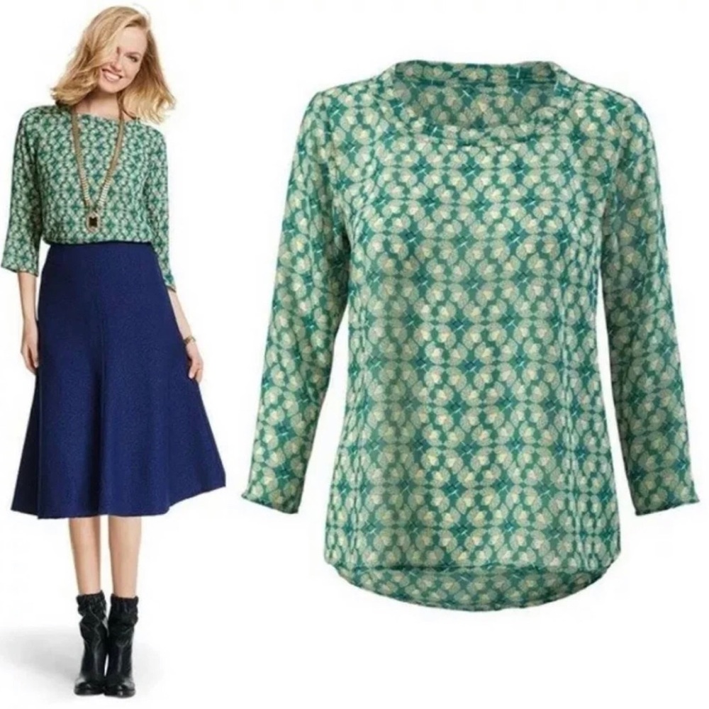 CAbi Green Jade Leafy Print Blouse Size XS